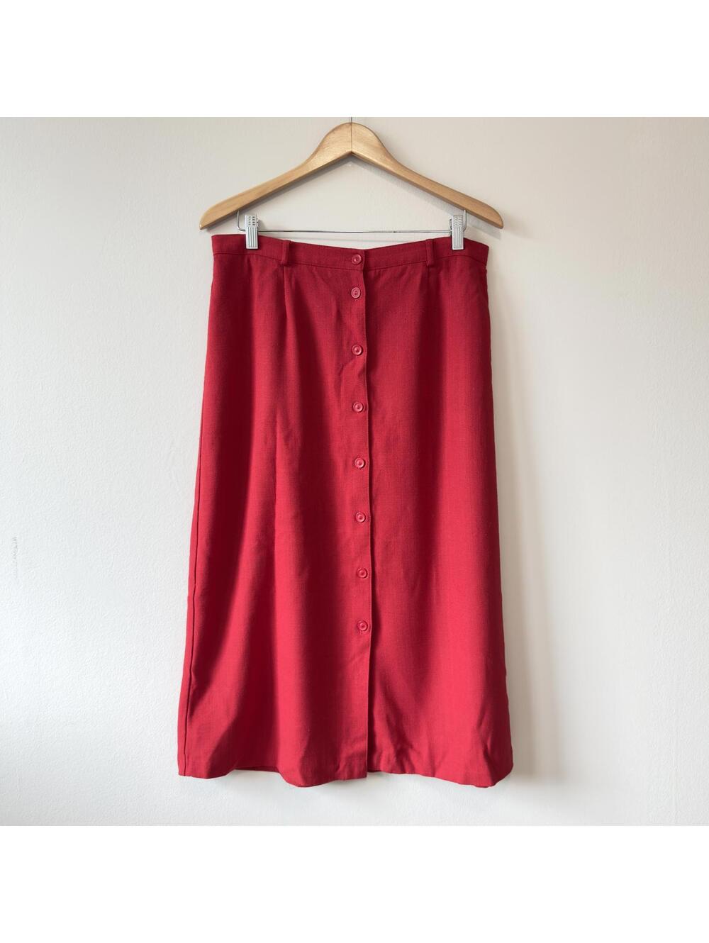 Vintage 90s Requirements Red Button Front Midi Skirt Size 14 A-Line Linen Look